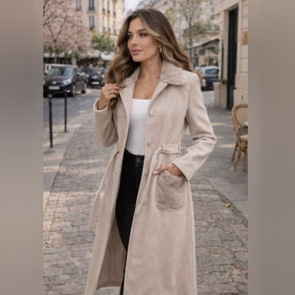 NEW NWT Tan layering coat elegant faux fur pocketed peacoat spring jacket